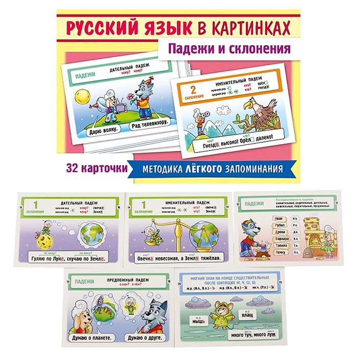 Наглядные пособия для детей 32 карточки 120х170мм -Русский язык в картинках. Падежи и склонения