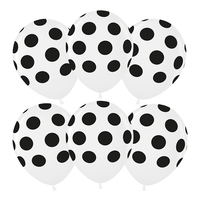 Шар (12''/30 см) Черные точки, Белый, пастель, 5 ст, 25 шт.