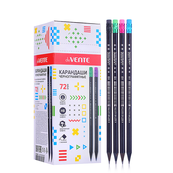 Карандаш чернографитный "BlackStyle" HB, диаметр грифеля 2 мм, круглый, с ластиком, заточен