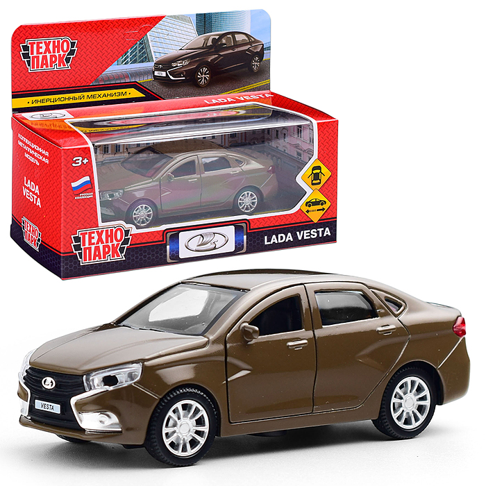 Машина металл LADA Vesta 11,5 см, (двери, коричневый) в коробке