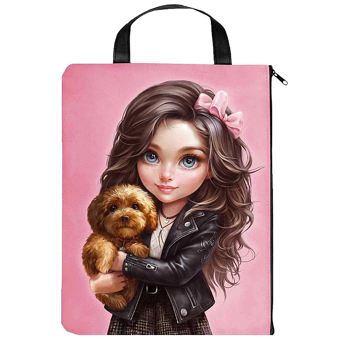 Папка для школьных тетрадей "Брюнетка с собачкой" (33x25 см, 1 отделение, молния, сублимационная печ