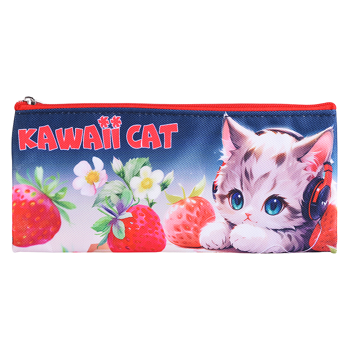 Пенал "Kawaii Cat" 21,5x9x1 см, плоский для 35 предметов, плотный износостойкий полиэстер с