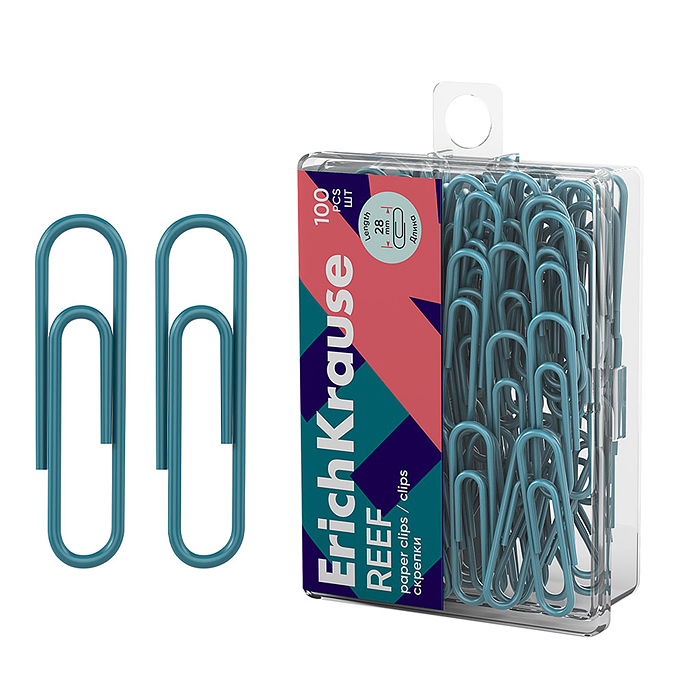 Скрепки металлические с виниловым покрытием "Reef" 28мм, бирюзовый (в пластиковой коробке