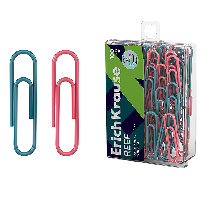 Скрепки металлические с виниловым покрытием "Reef" 28мм, ассорти (в пластиковой коробке п