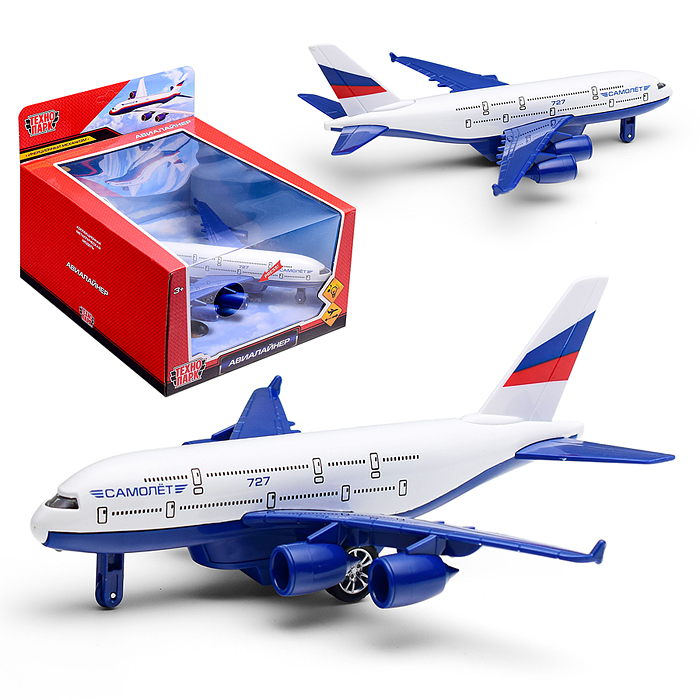 Машина металл свет-звук Авиалайнер 22см, подв. дет., инер., коробка Машина металл свет-звук Авиалайнер 22см, подв. дет., инер., коробка