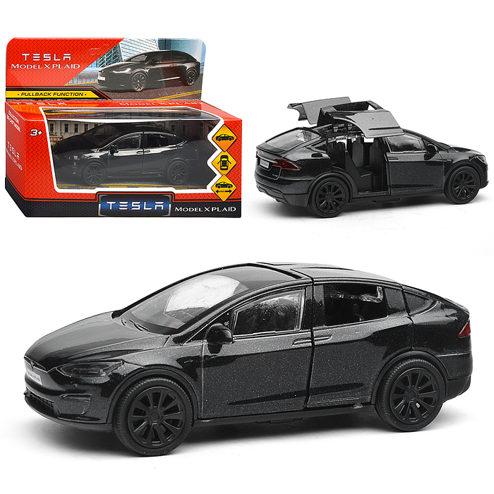 Машина металл Tesla Model X Plaid 12 см, двери, черн, в коробке Машина металл Tesla Model X Plaid 12 см, двери, черн, в коробке
