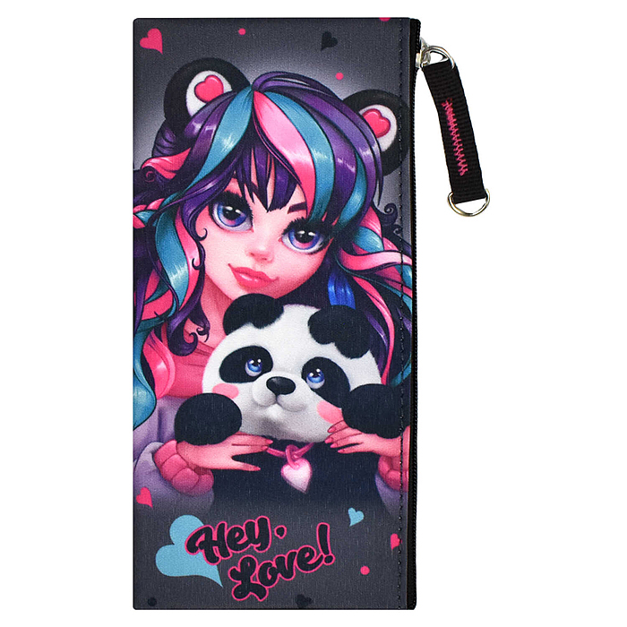 Пенал школьный "Девушка с пандой" без наполнения, 19.5х9 см, микрофибра на ПВХ