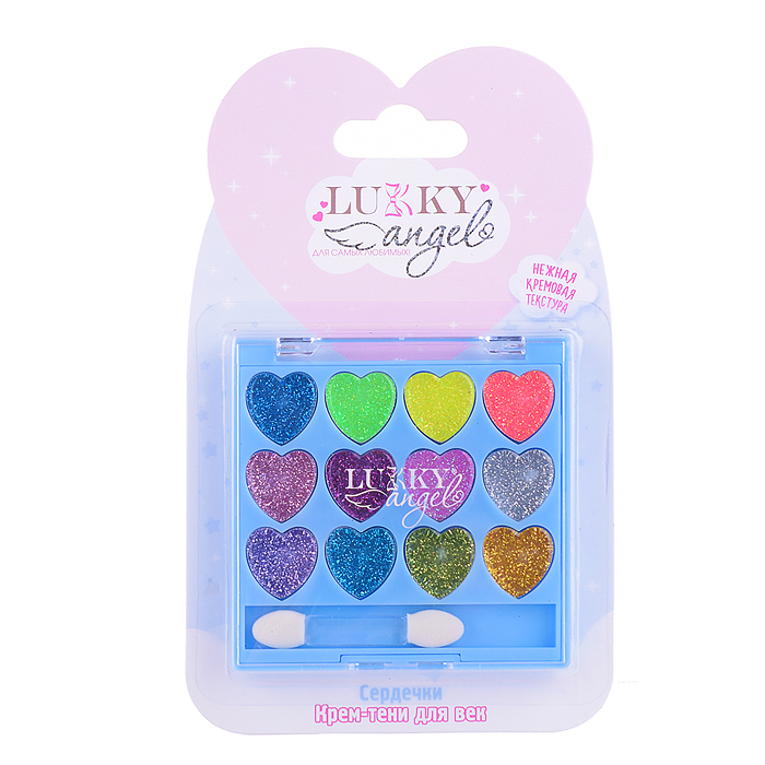 Палетка крем-теней Lukky Angel для век с блёстками,12 цветов "Сердечки",9 г, с аппликатором, блистер