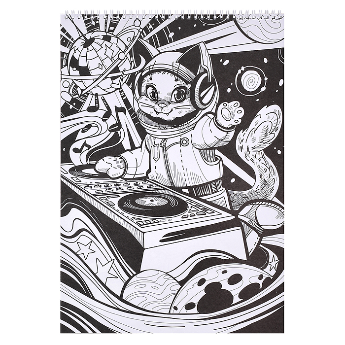Макси-раскраска на чёрном фоне. Коты в космосе. 