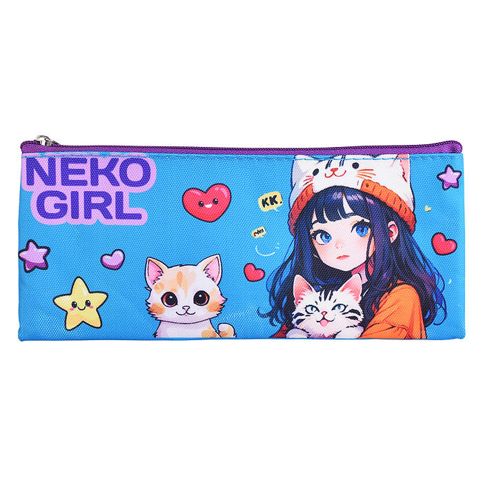 Пенал "NekoGirl" 21,5x9x1 см, плоский для 35 предметов, плотный износостойкий полиэстер с в