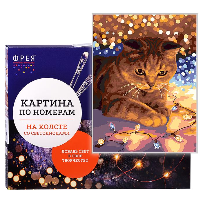 Набор для раскрашивания по номерам 40х30 "Котик с огоньками" (со светодиодами) 