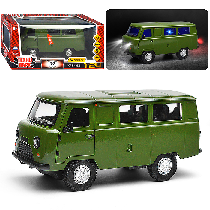 Машина металл UAZ УАЗ 452, 18,5 см, (свет-звук, двер. люк, баг,зеленый) инерц., в коробке Машина металл UAZ УАЗ 452, 18,5 см, (свет-звук, двер. люк, баг,зеленый) инерц., в коробке