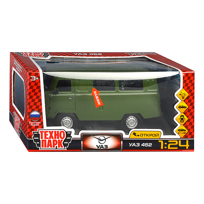 Фото к товару Машина металл UAZ УАЗ 452, 18,5 см, (свет-звук, двер. люк, баг,зеленый) инерц., в коробке Машина металл UAZ УАЗ 452, 18,5 см, (свет-звук, двер. люк, баг,зеленый) инерц., в коробке