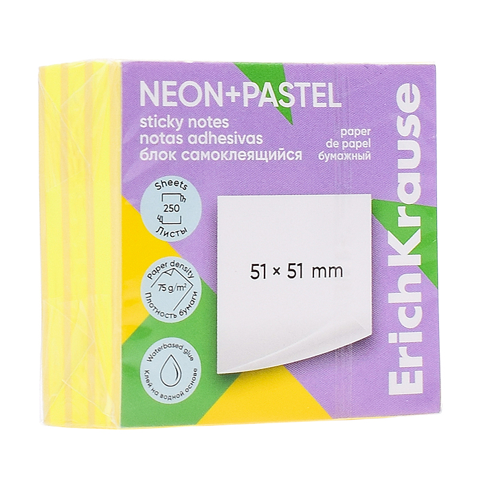 Блок самоклеящийся бумажный Neon+Pastel, 51х51 мм, 250 листов, 2 цвета