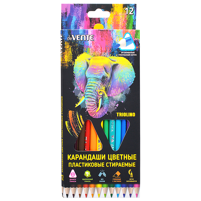 Фото к товару Карандаши цветные пластиковые "Triolino.Erase" стираемые, 12 цветов, 2М, диаметр грифеля 3мм Карандаши цветные пластиковые "Triolino.Erase" стираемые, 12 цветов, 2М, диаметр грифеля 3мм