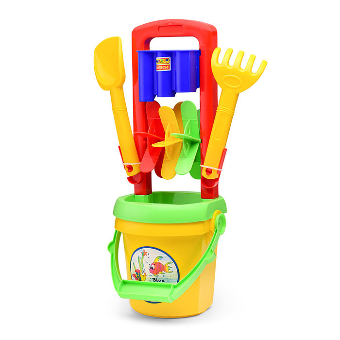 Фото к товару Набор №391: песочная мельница №4, ведро №9, лопатка №31, грабельки №31 Набор №391: песочная мельница №4, ведро №9, лопатка №31, грабельки №31