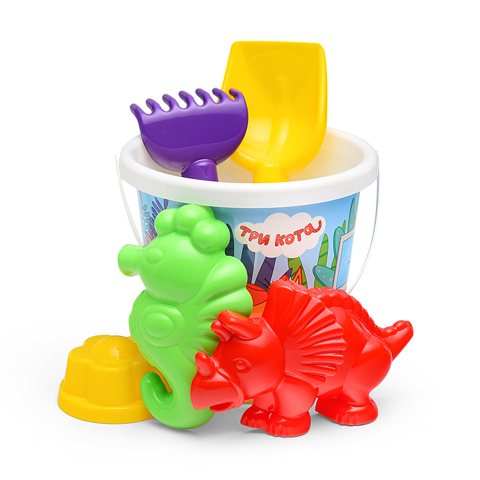 Песочный набор "Три кота" №16: Ведро с наклейкой, лопатка №5, грабельки №5, формочки (цветок + морск Песочный набор "Три кота" №16: Ведро с наклейкой, лопатка №5, грабельки №5, формочки (цветок + морск