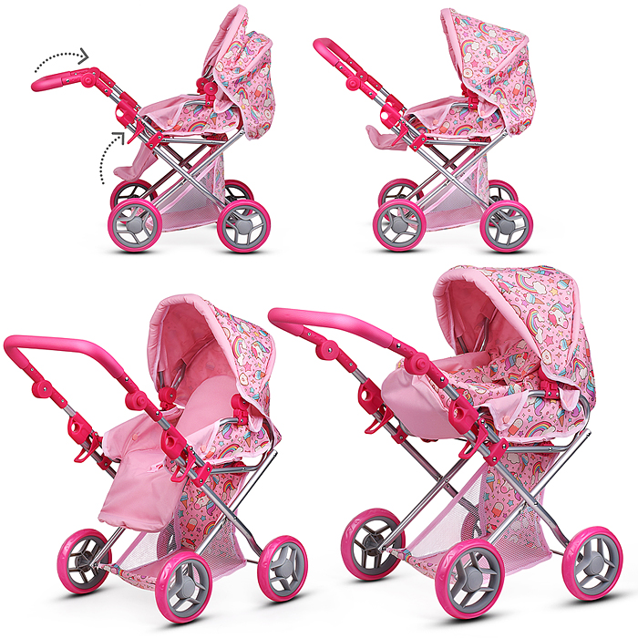 Коляска для кукол 9346 металлическая, складная, с сумкой-переноской, корзиной и складным козырьком