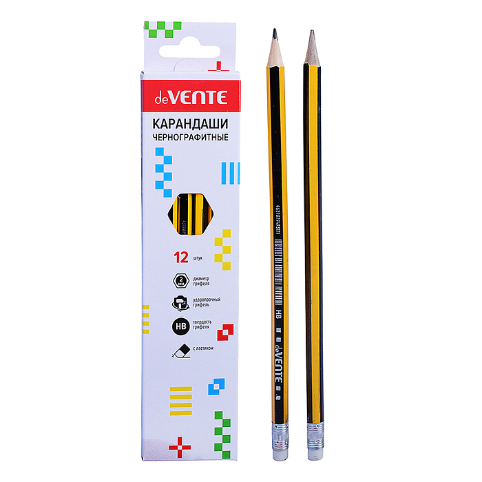 Карандаш чернографитный HB, диаметр грифеля 1,85 мм, шестигранный, с ластиком, цвет корпус