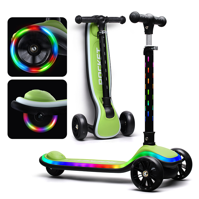 Самокат трёхколёсный R0200 ROCKET светящиеся колеса PU, дека, рулевая стойка, цвет черно-зеленый
