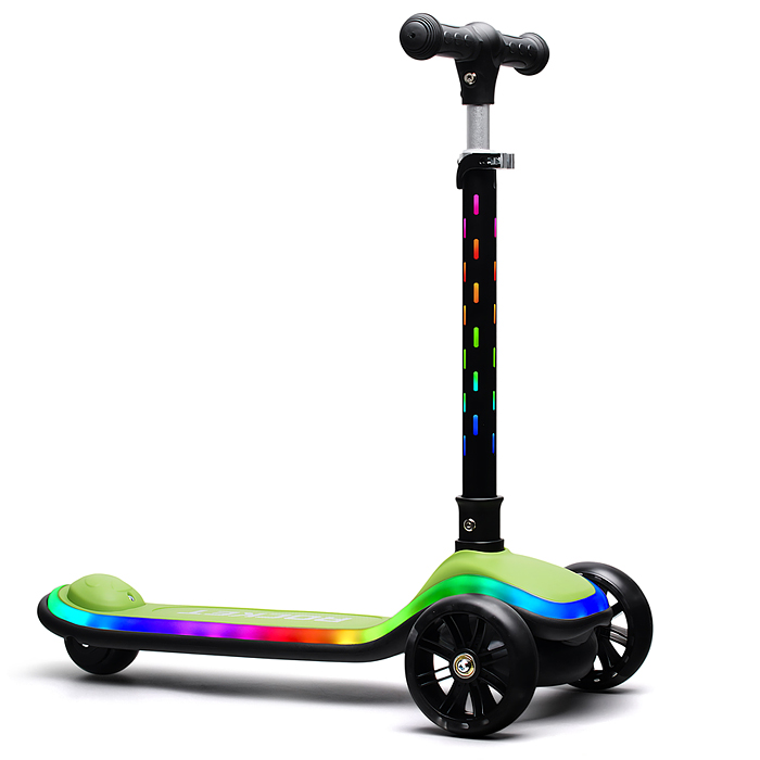 Фото к товару Самокат трёхколёсный R0200 ROCKET светящиеся колеса PU, дека, рулевая стойка, цвет черно-зеленый Самокат трёхколёсный R0200 ROCKET светящиеся колеса PU, дека, рулевая стойка, цвет черно-зеленый