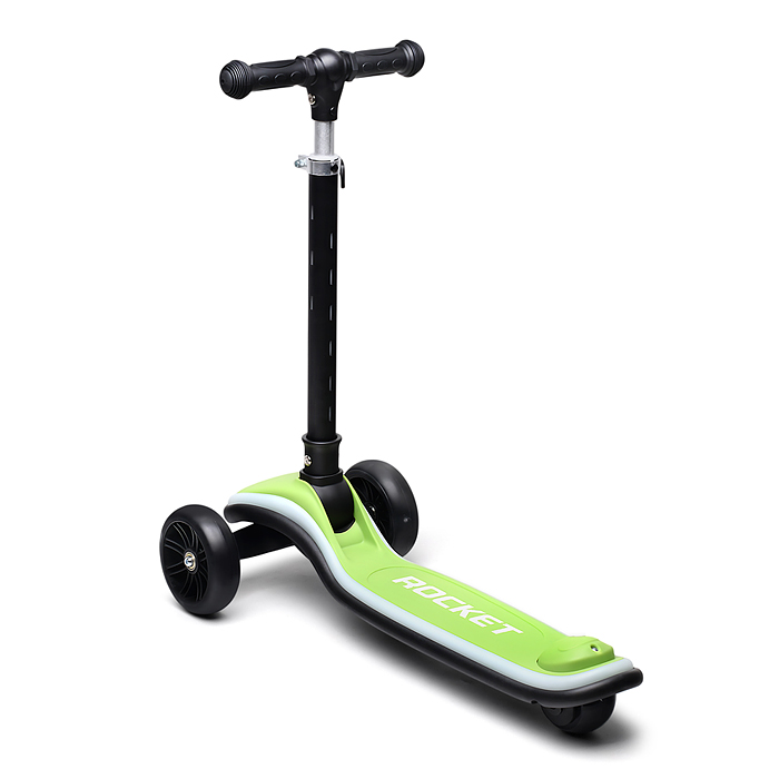 Фото к товару Самокат трёхколёсный R0200 ROCKET светящиеся колеса PU, дека, рулевая стойка, цвет черно-зеленый Самокат трёхколёсный R0200 ROCKET светящиеся колеса PU, дека, рулевая стойка, цвет черно-зеленый