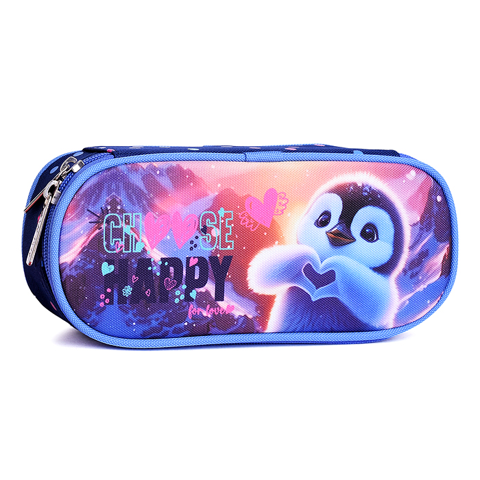 Пенал "Happy Pinguin" 21x8x5 см, овальный для 50 предметов, с внутренним органайзером-створ