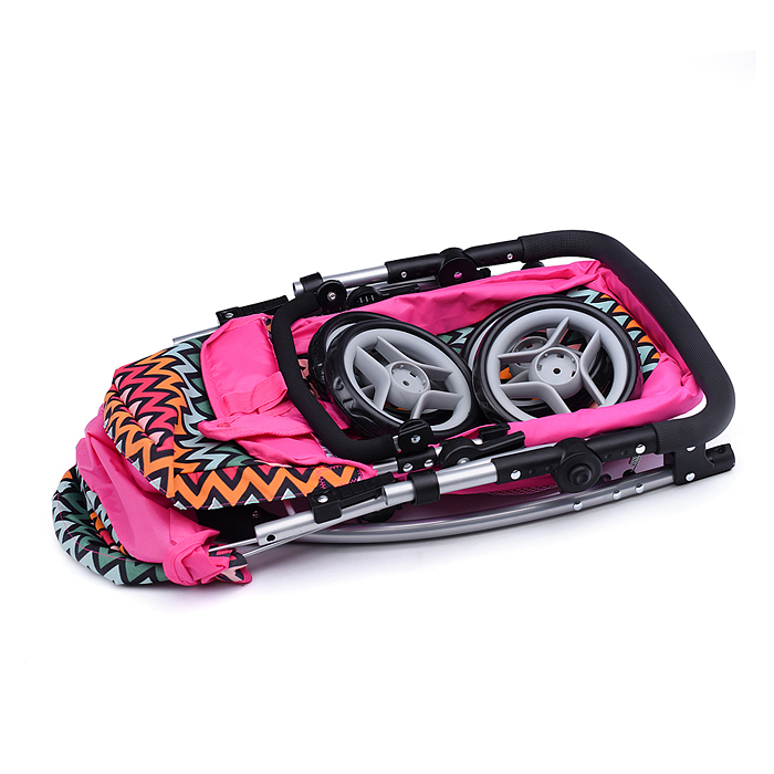 Коляска-трансформер 9665C для кукол, металлическая, регулируемая ручка, с корзиной, розовый зигзаг