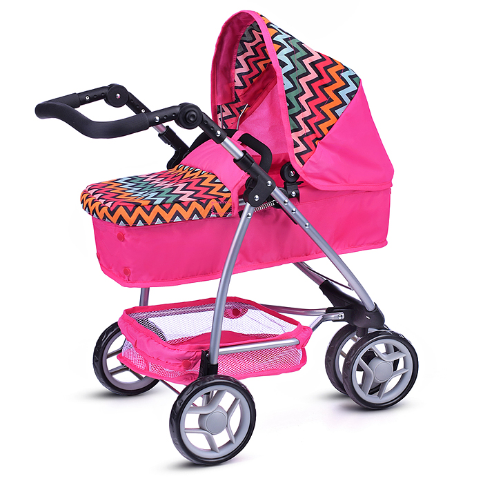 Коляска-трансформер 9665C для кукол, металлическая, регулируемая ручка, с корзиной, розовый зигзаг
