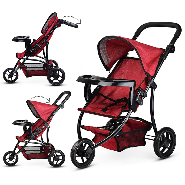 Коляска для кукол 9377B-T 3-колесная, металлическая, прогулочная, с тентом, с корзиной,цвет бордовый