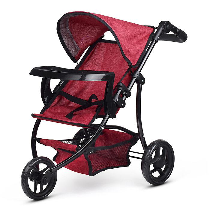 Коляска для кукол 9377B-T 3-колесная, металлическая, прогулочная, с тентом, с корзиной,цвет бордовый