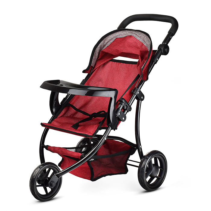 Коляска для кукол 9377B-T 3-колесная, металлическая, прогулочная, с тентом, с корзиной,цвет бордовый