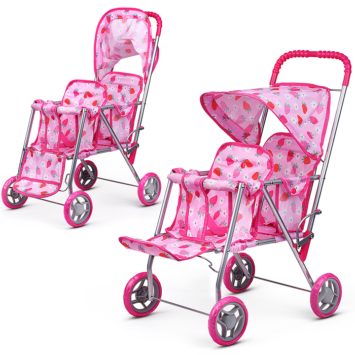 Коляска для кукол 9343B для двойни, металлическая, складная, цвет клубнички на розовом