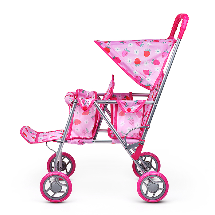 Фото к товару Коляска для кукол 9343B для двойни, металлическая, складная, цвет клубнички на розовом Коляска для кукол 9343B для двойни, металлическая, складная, цвет клубнички на розовом