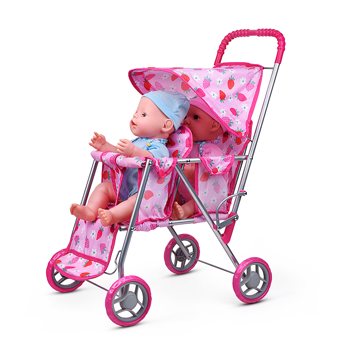 Фото к товару Коляска для кукол 9343B для двойни, металлическая, складная, цвет клубнички на розовом Коляска для кукол 9343B для двойни, металлическая, складная, цвет клубнички на розовом