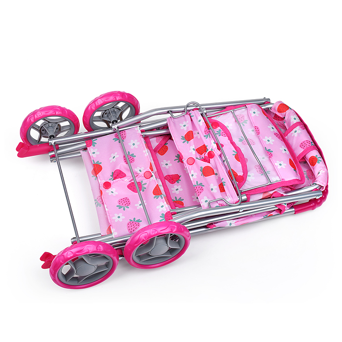 Фото к товару Коляска для кукол 9343B для двойни, металлическая, складная, цвет клубнички на розовом Коляска для кукол 9343B для двойни, металлическая, складная, цвет клубнички на розовом