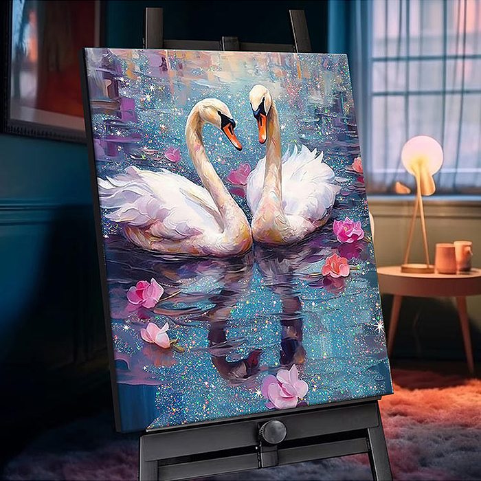 Картина по номерам 40х50 "Лебединая верность" с кристаллами из хрусталя (29 цветов)
