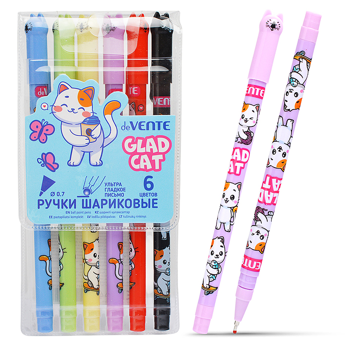 Набор ручек шариковых "Glad cat" 6 цветов, d=0,7 мм, пластиковый корпус, колпачок в виде кошечки