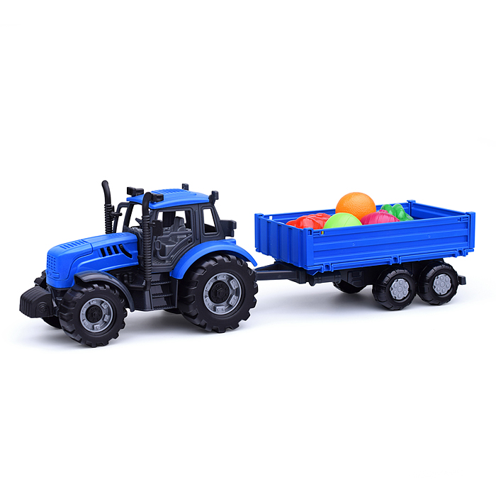 Трактор "Прогресс" с бортовым прицепом инерционный (синий) + набор продуктов (7 элементов) (в коробк