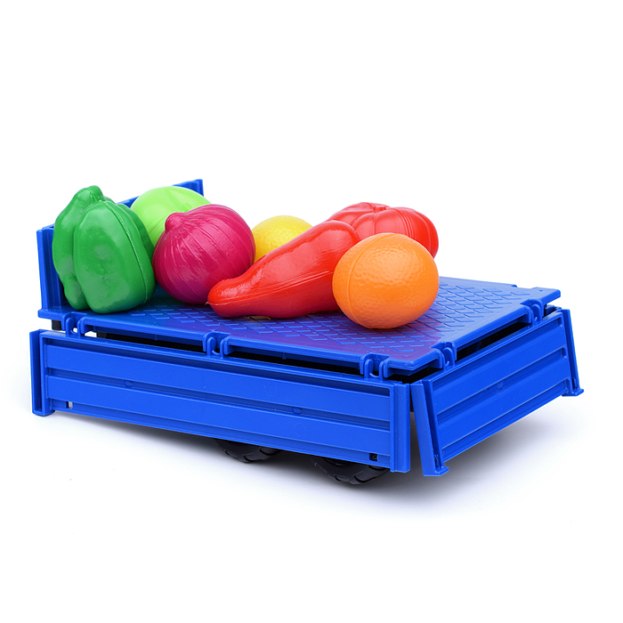 Трактор "Прогресс" с бортовым прицепом инерционный (синий) + набор продуктов (7 элементов) (в коробк