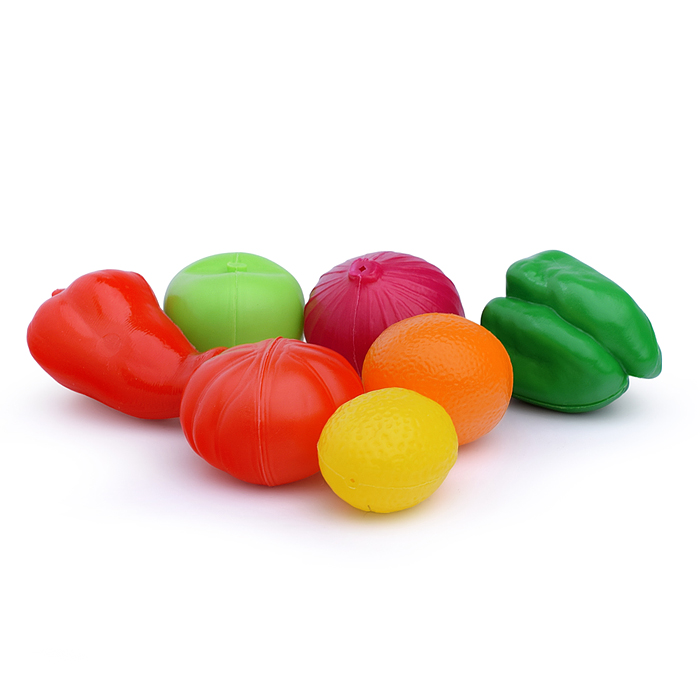 Трактор "Прогресс" с бортовым прицепом инерционный (синий) + набор продуктов (7 элементов) (в коробк