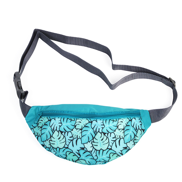 Сумка на пояс голубая Листья, длина пояса до 113 см, длина изделия 28,5см