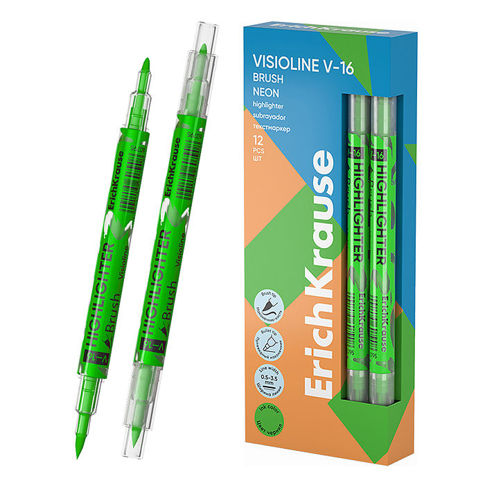 Двухсторонний текстмаркер Visioline V-16 Brush Neon, цвет чернил зеленый 