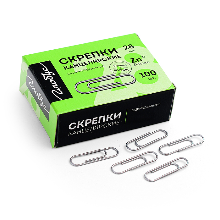 Скрепки L28 мм 100 шт., карт. упаковка, оцинкованные 