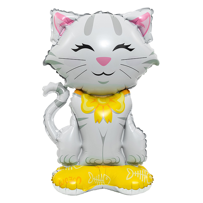 Шар 3D (24''/61 см) Фигура на подставке, Кошечка с бантиком, Белый, 1 шт. в уп.
