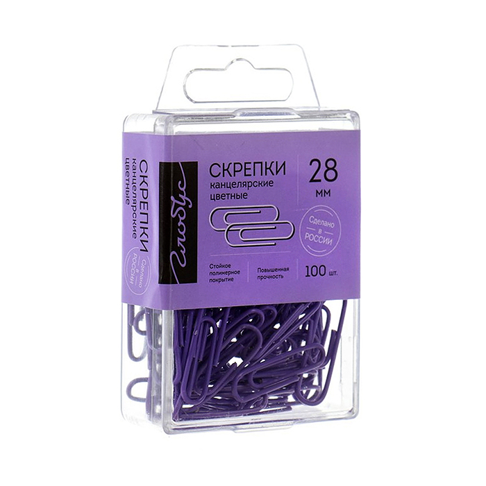 Скрепки L28 мм 100 шт., пластик. коробка, фиолетовые 