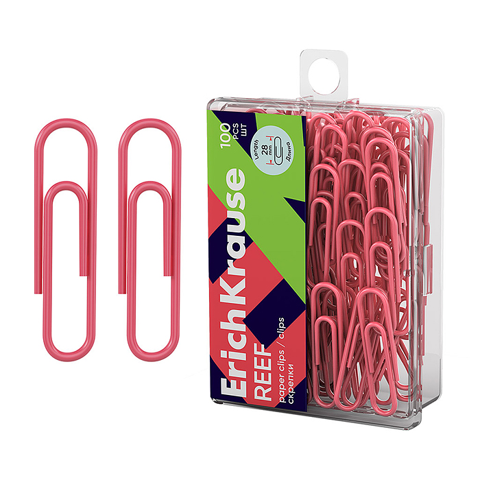 Скрепки металлические с виниловым покрытием "Reef" 28мм, коралловый (в пластиковой коробк