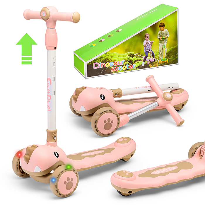 Самокат U001193Y "Динозаврик" 3-х. кол., колеса PU, розовый, в коробке