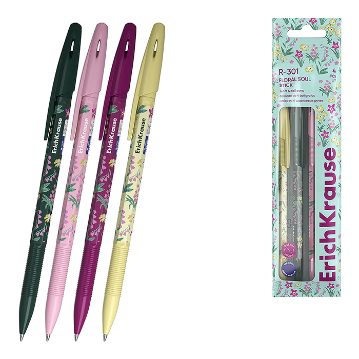 Набор из 4 ручек шариковых R-301 Stick Floral Soul 0.7, цвет чернил синий (в пакете)