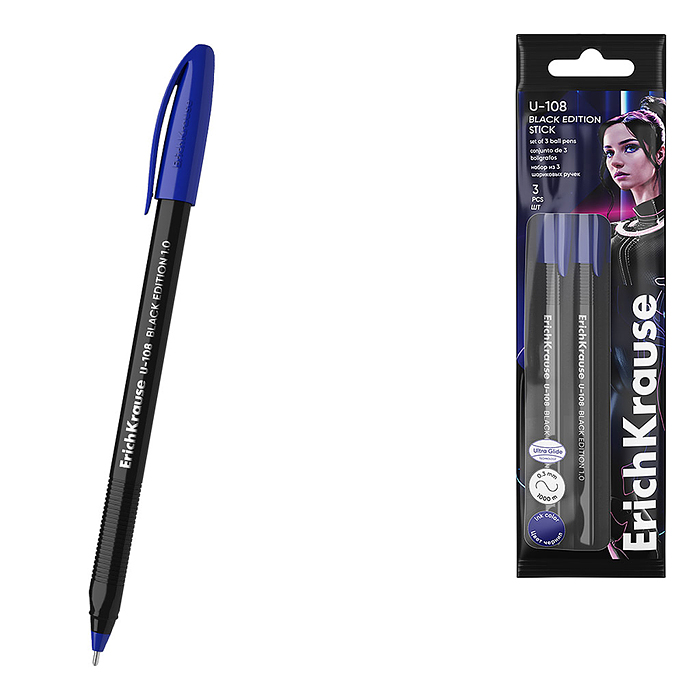 Набор из 3 ручек шариковых U-108 Stick Black Edition, 1.0, Ultra Glide Technology, цвет ч